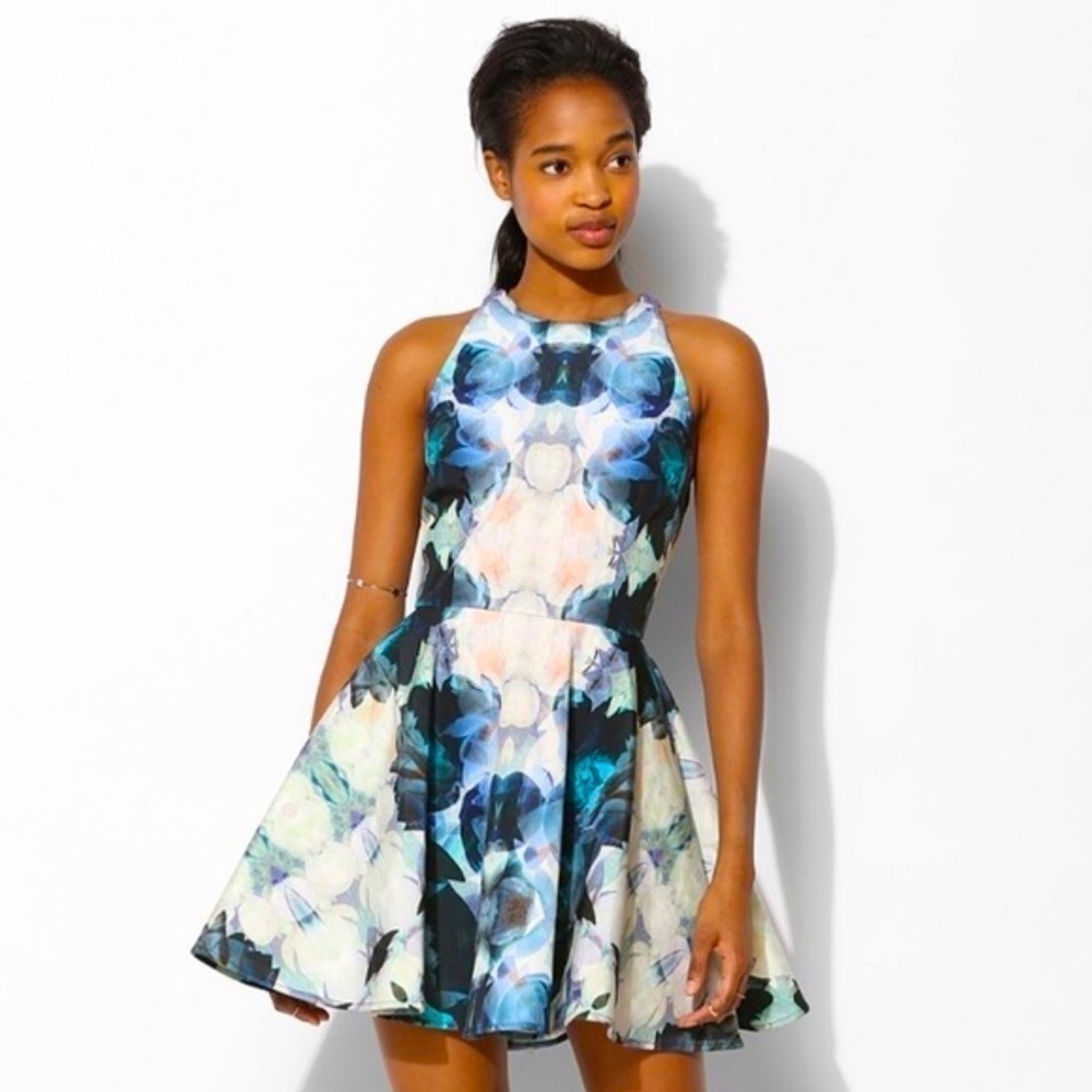 Keepsake the Label Echo Geo Floral A line mini dress sleeveless blue white sz XS